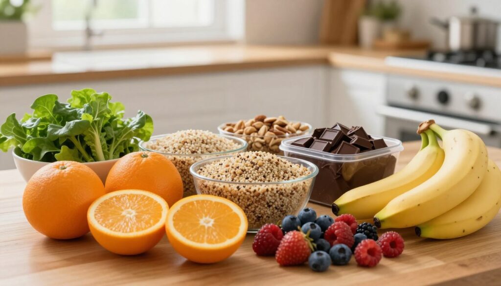 A beautifully arranged table setting featuring a variety of foods known to support thrombosis prevention. In the foreground, an assortment of vibrant, fresh fruits like oranges, berries, and bananas, alongside a bowl of leafy greens and nuts. In the middle, a display of whole grains, such as brown rice and quinoa, and a container of dark chocolate. The background includes a softly blurred kitchen with natural light streaming through a window, creating a warm and inviting atmosphere. The composition is shot from a slightly elevated angle to capture all elements clearly, emphasizing health and nutrition. The mood is uplifting and positive, highlighting the importance of healthy eating.
