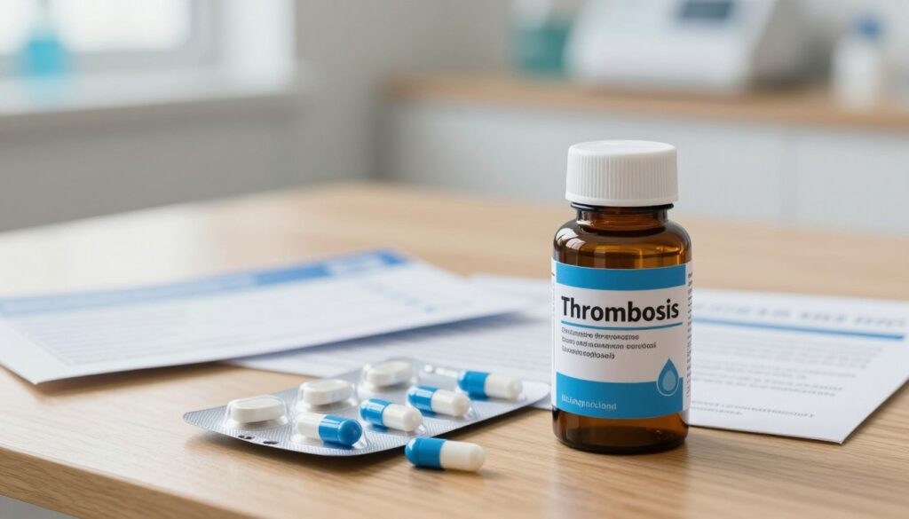 A close-up composition of a professional-looking bottle of anti-inflammatory medication for treating thrombosis, positioned prominently in the foreground. Surround the bottle with a scattered arrangement of informative medical pamphlets and capsules in shades of blue and white, indicating caution. In the middle ground, feature a wooden table that reflects natural light, adding warmth to the scene. The background should be softly blurred, showcasing a clinic setting with medical equipment subtly hinting at the context. The lighting is bright but soft, creating a clean and sterile atmosphere. The overall mood should evoke professionalism and caution, capturing the essence of medications to avoid in thrombosis treatment.