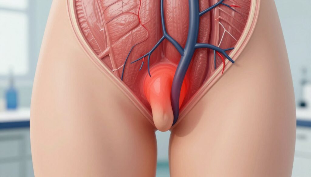 A close-up medical illustration depicting the symptoms of perianal thrombosis. In the foreground, show a detailed anatomical model of the anal area, featuring prominent blood vessels and signs of inflammation, with a focus on the affected region. In the middle ground, include visual indicators like swelling and discomfort, perhaps using highlighted colors to emphasize problem areas. The background should be a clean, clinical setting evoking a medical environment, with soft lighting to suggest a calm and informative atmosphere. The composition should avoid any human subjects, ensuring an educational and professional tone, perfect for a medical article on symptoms and treatment timelines.