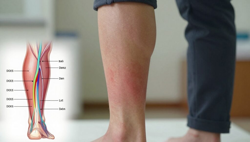 A close-up view of a leg showing signs of deep vein thrombosis (DVT), highlighting swollen, discolored areas along the calf. The foreground features a detailed anatomical sketch overlay that indicates affected veins, with color-coded markers to show severity. The middle layer displays a gentle, focused light source emanating from the side, enhancing the texture of the skin and veins, while maintaining a clinical atmosphere. The background is softly blurred with a muted color palette to emphasize the subject, suggesting a medical environment. The overall mood is serious and informative, reflecting urgency in seeking medical consultation for leg pain symptoms. Ensure that any human elements present are depicted in modest clothing, maintaining professionalism.