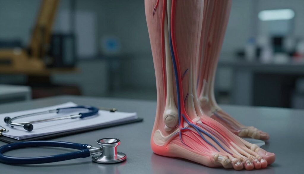 A close-up view of a medical diagram illustrating deep vein thrombosis (DVT). In the foreground, a detailed anatomical illustration of a human leg with highlighted veins, showing affected areas with a soft red glow to indicate thrombosis. In the middle ground, an anatomical model surrounded by medical tools like a stethoscope and a clipboard, symbolizing the challenges faced by physical laborers with DVT. In the background, a faint representation of a workplace environment, showcasing machinery and construction elements, dimly lit to create a slightly somber mood. The lighting is soft, focusing on the leg illustration, creating a clinical yet informative atmosphere. The perspective is slightly angled to give depth while emphasizing the leg anatomy and medical context.