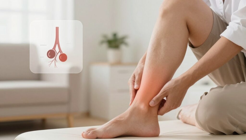 A close-up view of a professional-looking person in modest casual clothing examining their leg, illustrating lymphatic swelling. The foreground should feature the person’s leg with noticeable swelling, accompanied by gentle shading to highlight the contours of the swollen areas, specifically around the ankle and calf. In the middle ground, add a subtle, small diagram or chart depicting healthy versus swollen lymph nodes without text. The background should be softly blurred, showing a well-lit medical office or a comforting home environment, enhancing the mood of awareness and health. Use warm, soft lighting to create a calm and educational atmosphere. The composition should feel informative yet empathetic, aiming to convey the importance of lifestyle choices in managing vascular health.