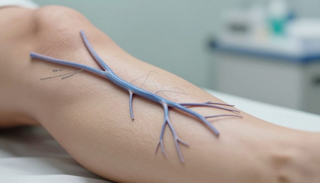 A close-up view of deep veins on a healthy leg, showcasing their intricate patterns and structures. The foreground features a clear, well-lit section of the leg emphasizing the bluish hue of healthy veins against natural skin tones. The middle ground includes subtle anatomical labels for educational purposes, maintaining a clean and professional aesthetic. The background is softly blurred to suggest a medical environment, with soft, ambient lighting to create a calm and informative atmosphere. Capture the details with a shallow depth of field, using a macro lens perspective to highlight the veins' structure. The mood evokes a sense of health awareness and proactive lifestyle changes, emphasizing the importance of vein health in preventive care.