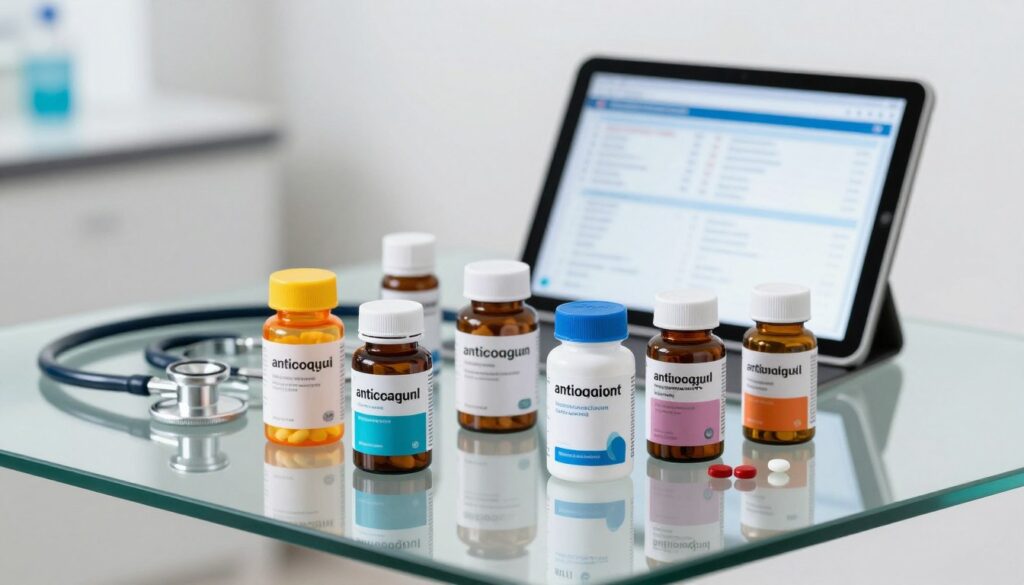 A collection of modern oral anticoagulant medications displayed on a sleek, glass table. The foreground features various pill bottles in vibrant colors, labeled with clear, professional designs. In the middle ground, a stethoscope and a digital tablet displaying health information create a clinical atmosphere. The background is softly blurred, showcasing a sterile medical environment with white walls and minimalistic décor. The lighting is bright and even, highlighting the details of the medications while casting gentle shadows for depth. The mood is professional and informative, ideal for conveying the advanced nature of these new-generation anticoagulants.