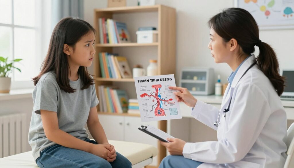 A concerned parent and a pediatrician are seated in a well-lit doctor's office, engaging in a serious discussion about thrombosis in children. The foreground features the worried parent, a mother in professional casual attire, showing concern in her expression as she attentively listens. The pediatrician, a middle-aged woman in a white coat, gestures calmly while pointing to a colorful, child-friendly diagram illustrating blood circulation. In the middle background, shelves filled with children's books and medical supplies create a warm and informative atmosphere. Soft, natural light filters in through a window, casting gentle shadows, symbolizing hope and understanding. The mood is serious yet compassionate, emphasizing the importance of awareness regarding rare medical conditions in children.