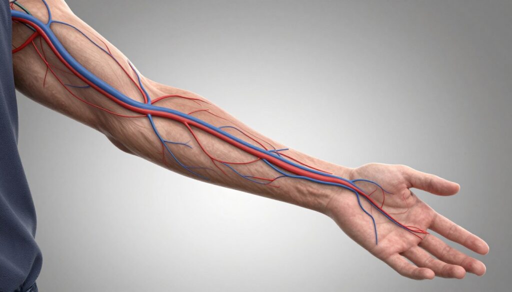 A detailed, anatomically accurate illustration of deep veins in a human arm, showcasing the intricate network of blood vessels. The foreground features a close-up view of the arm with clearly visible veins, emphasizing their depth and structure. The middle ground presents a slightly blurred view of the hand, illustrating blood flow and potential signs of thrombosis. The background should be a soft, neutral gradient to ensure focus on the anatomical details. The lighting is bright, highlighting the veins while casting gentle shadows to enhance the three-dimensional effect. The mood is clinical and informative, ideal for educational purposes. The arm depicted should be dressed in smart casual clothing, maintaining professionalism in appearance without any extraneous elements.