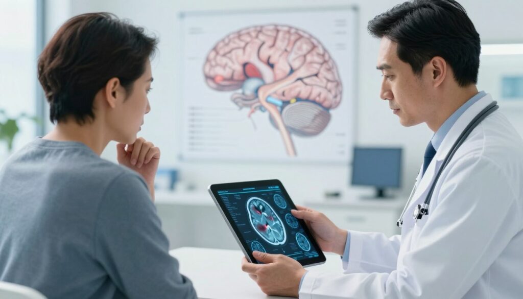 A detailed and informative illustration depicting the consequences of ischemic stroke. In the foreground, a professional healthcare provider dressed in a formal white coat examines brain scans displayed on a digital tablet, illustrating brain damage areas. In the middle ground, a patient in modest casual clothing is shown in consultation, looking concerned, while anatomical diagrams of the brain showing affected regions subtly fade into view. The background features a modern medical office with soft, diffused lighting creating an atmosphere of hope and seriousness. The color palette should consist of calming blues and whites to convey a clinical tone, while maintaining an engaging and educational feel. The angle captures both the healthcare professional and patient in a respectful and informative manner, emphasizing the gravity of the situation without resorting to graphic imagery.
