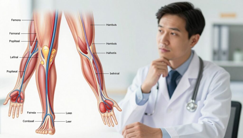 A detailed and informative illustration of the various types of deep vein thrombosis, visually representing the anatomical locations affected. In the foreground, a detailed anatomical diagram highlighting veins in the legs and arms with different colors or markers indicating types of thrombosis, such as deep vein thrombosis in the femoral and popliteal areas. The middle ground should feature a soft-focus view of a medical professional, dressed in a white coat, examining the diagram with a thoughtful expression. The background includes a subtle, blurred medical office setting with soft, ambient lighting to convey a professional atmosphere. The overall mood should feel educational and reassuring, emphasizing the importance of understanding this medical condition.