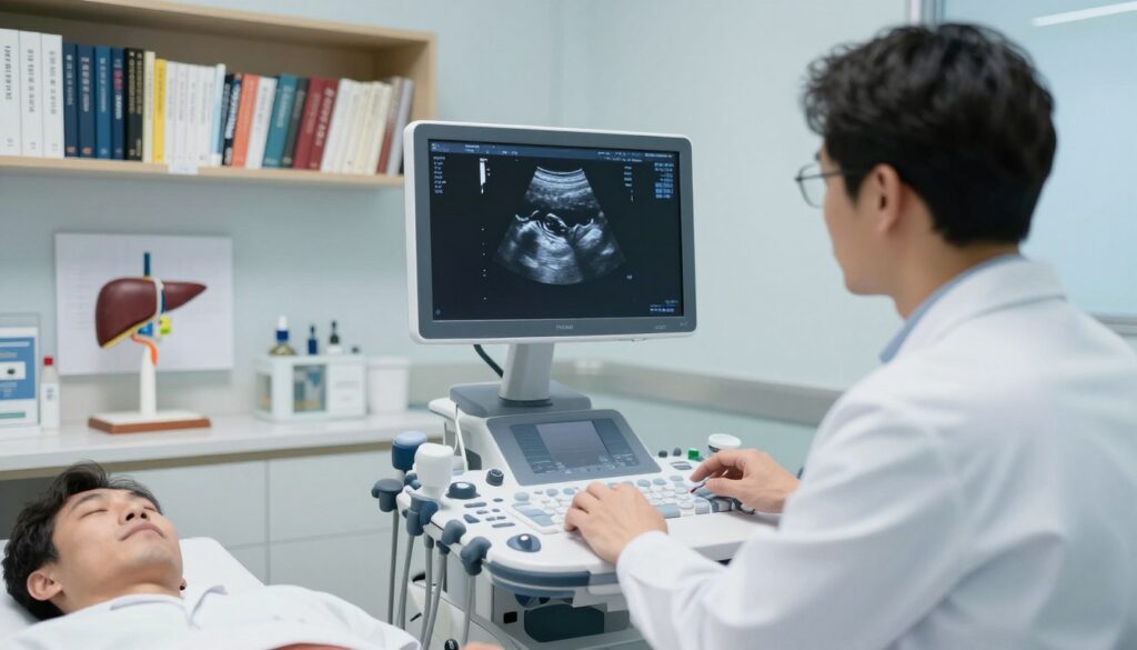 A detailed and informative scene depicting the clinical diagnosis of hepatic vein thrombosis. In the foreground, a medical professional in a lab coat is examining an ultrasound image on a monitor, looking intently. The mid-ground features a modern ultrasound machine, surrounded by various medical instruments and charts that highlight the anatomy of the liver and veins. In the background, shelves filled with medical books and anatomical models create a structured clinical environment. The lighting is bright and sterile, reflecting a hospital setting, with soft shadows adding depth. The atmosphere is focused and professional, emphasizing the seriousness of diagnosing a rare condition with significant liver implications.