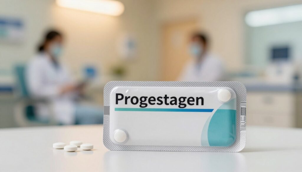 A detailed composition depicting a progestogen-based single-component contraceptive method. In the foreground, a sleek, modern contraceptive pill pack is displayed prominently, its design emphasizing medical professionalism. In the middle ground, a background with soft, blurred hospital or clinic settings creates a sense of safety and trust, with warm, inviting lighting illuminating the scene. The atmosphere feels calm and informative, evoking a sense of reassurance for women considering contraceptive options related to thrombosis risk. The image should have a shallow depth of field to focus on the pill pack, with gentle bokeh effects in the background. No humans are included in the image, ensuring a clean, professional representation without any distractions. The overall mood is educational and supportive.