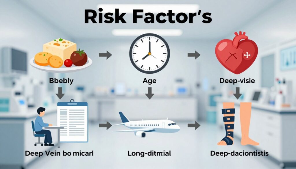 A detailed diagram illustrating the risk factors for deep vein thrombosis (DVT). In the foreground, show detailed icons or images of key risk factors: a sedentary person sitting at a desk, an individual with a historical medical record, an airplane representing long-distance travel, and a pair of legs in compression stockings. In the middle ground, include graphical representations of lifestyle factors like obesity (depicted by a large, healthy meal), age (symbolized by a clock), and medical issues (like heart disease or recent surgeries with subtle medical symbols). The background should be a softly blurred medical laboratory or health clinic setting, conveying a sense of professionalism and seriousness. Use bright, clear lighting to create an informative and engaging atmosphere, focusing on clarity and educational impact. The overall image should evoke a sense of awareness and urgency about DVT risk factors without any text or annotations.