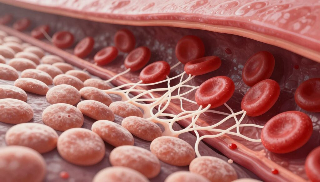 A detailed illustration depicting the mechanism of blood clot formation, focusing on the interaction of platelets, fibrin strands, and red blood cells. In the foreground, a close-up of platelets aggregating around a damaged blood vessel wall, showcasing their irregular shapes and clustering. In the middle ground, fibrin threads weaving through the platelets to form a stable clot, with red blood cells getting trapped within the mesh. The background features a stylized representation of a blood vessel, highlighting its inner structure. The lighting is soft and clinical, casting subtle shadows to enhance depth, and the image is framed with a slight focus on the foreground, creating a sense of urgency and detail in the biological processes at play. The overall atmosphere is informative and professional.