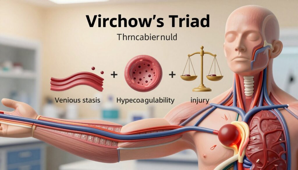 A detailed illustration of Virchow's Triad, representing the three elements of thrombosis: venous stasis, endothelial injury, and hypercoagulability. In the foreground, a human anatomy model with clearly defined veins, illustrating the formation of a blood clot in a highlighted area. In the middle ground, visual representations of each component of the triad, such as flowing blood, damaged endothelial cells, and a visual metaphor for hypercoagulability, like a scale tipping towards clotting. The background features a soft-focus medical laboratory setting with a warm, inviting light, conveying a sense of clinical importance. Capture the mood of education and awareness about thrombosis in a clear, professional style, focusing solely on the anatomical and physiological aspects. The angle should be slightly elevated, providing a comprehensive view of the subject matter without any text or labels.