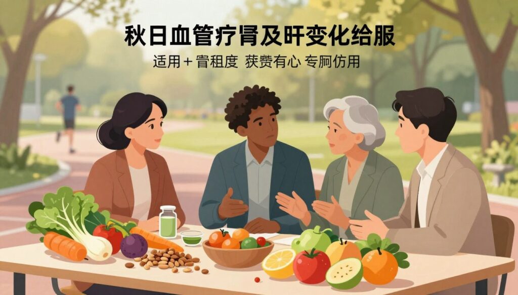 A detailed, informative illustration of vascular health risk factors, focusing on lifestyle elements. In the foreground, display a table laden with healthy foods, like leafy greens, nuts, and fruits, symbolizing a balanced diet. In the middle, include a diverse group of three adults in professional attire, engaged in a discussion about vascular health, emphasizing aspects like diet, exercise, and stress management. The background should show a serene park setting, with jogging paths and trees, conveying a sense of wellbeing and healthy lifestyle choices. Use soft, natural lighting to create a warm and inviting atmosphere, with a shallow depth of field to keep the focus on the subjects and table. The image should evoke a sense of awareness and proactive health management related to vascular issues.