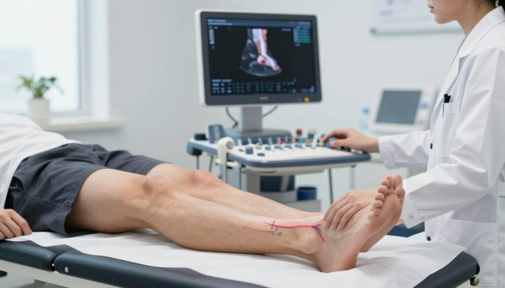 A detailed medical illustration of deep vein thrombosis diagnostics, depicting various imaging techniques like ultrasound and MRI. In the foreground, showcase a patient’s leg on an examination table, with a healthcare professional in a white coat conducting an ultrasound on the area, highlighting the veins and potential clots. In the middle ground, include a computer screen displaying an MRI image of a leg presenting signs of thrombosis. The background should feature a modern medical office environment, softly lit with natural light coming from a window, creating a calm and serious atmosphere. Focus on clear details, rich textures, and a color palette that conveys professionalism and trust.