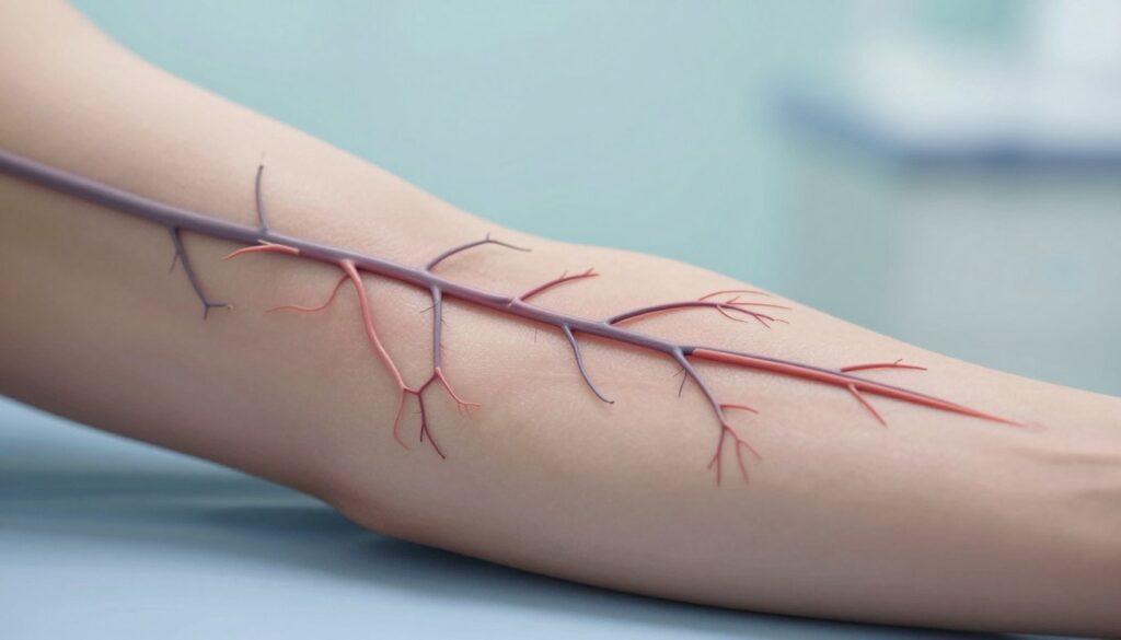 A detailed medical illustration of superficial veins in a human arm, vividly highlighted to show their structure and function. In the foreground, focus on a clear depiction of the superficial veins with fine details of their branches, demonstrating their network beneath the skin. The middle ground should feature a soft gradient background that suggests a clinical environment, such as an examination room, subtly out of focus to draw attention to the veins. Use natural lighting to create a sterile, professional atmosphere, with light reflecting softly off the skin. The angle should be slightly above eye level, inviting a scientific perspective while retaining an educational tone. The overall mood is informative and clinical, aimed at enhancing understanding of the diagnostic process involving superficial veins.