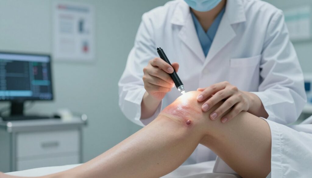 A detailed medical scene depicting an examination of a leg showing symptoms after knee arthroscopy. In the foreground, a close-up of a carefully bandaged knee with slight swelling and discoloration, illustrating signs of thrombosis. The middle layer features a healthcare professional in a white coat, attentively assessing the leg, using a penlight to examine the knee closely. The background consists of a well-lit clinical setting, with medical charts and a digital monitor displaying relevant data. Soft, ambient lighting creates a clinical yet calm atmosphere, ensuring a focus on the seriousness of the symptoms without being alarming. A medical grade setting emphasizes professionalism and care, highlighting the importance of addressing alarming symptoms promptly.