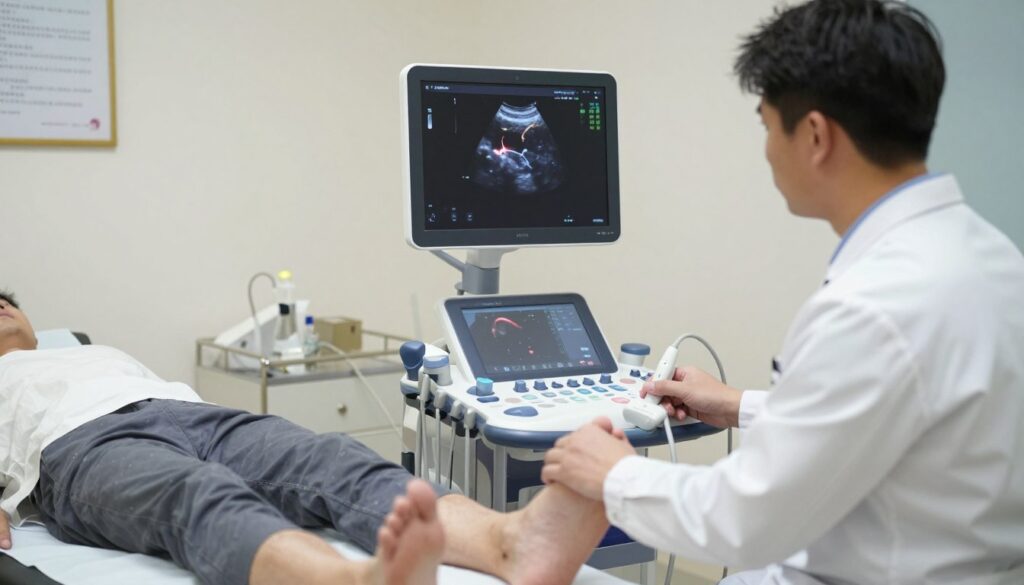 A detailed ultrasound imaging scene showcasing a vascular ultrasound exam focused on detecting blood clots. In the foreground, a medical professional, dressed in a white lab coat and scrubs, attentively operates an ultrasound machine, pointing a probe at a patient's ankle area. The patient lies comfortably on an examination table, wearing modest clothing, with visible medical instruments and a clear ultrasound display screen. In the middle, the image on the ultrasound monitor shows distinct images of blood vessels and a highlighted area indicating a potential clot. In the background, a well-lit clinical setting with medical posters, soft lighting to create a calm atmosphere, and equipment organized neatly reflects a professional diagnostic environment. The mood is clinical and focused, emphasizing the importance of advanced imaging in medical diagnostics.
