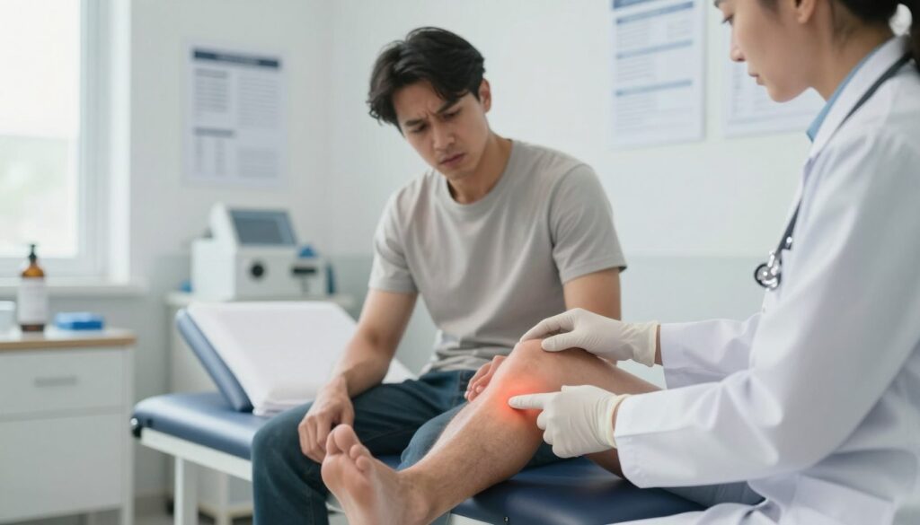 A healthcare professional in a modern clinic setting examines a patient with a visible swelling in their leg, indicating a potential case of deep vein thrombosis (DVT). The foreground shows the doctor wearing a lab coat and gloves, attentively pointing to an area of the patient's leg. The middle ground features the worried patient, dressed in casual, modest clothing, seated on an examination table, with a look of concern. The background includes medical equipment, charts on the walls, and soft, natural lighting streaming through a window to create a calm and serious atmosphere. The focus is on the interaction between the doctor and patient, emphasizing the urgency of seeking medical advice for visible symptoms of vein thrombosis.