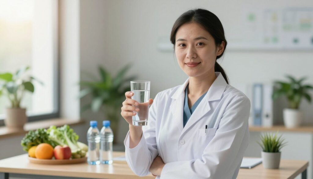 A healthy, hydrated individual in professional attire, standing confidently with a glass of water in hand, symbolizing the importance of hydration in thrombosis treatment. The foreground features the person with a focused expression, embodying determination and wellness. In the middle ground, a table is arranged with fresh fruits, vegetables, and water bottles, emphasizing a balanced diet. The background showcases a serene, softly lit medical office environment with calming green plants and sunlight filtering through a window, creating a soothing atmosphere. The overall mood is optimistic and encouraging, highlighting the significance of hydration in supporting health and recovery. Use soft, natural lighting that highlights the subject’s features.