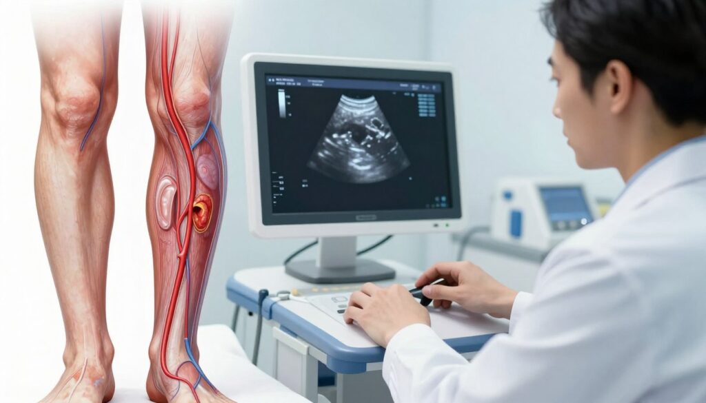 A highly detailed illustration of deep veins, showcasing a cross-section of healthy and thrombosed deep veins in the human leg. In the foreground, accurately rendered anatomical structures highlight the femoral and popliteal veins, emphasizing differences in blood flow. The middle area features a medical professional in a clean, white coat, examining the ultrasound imaging of the leg, reflecting serious intent and focus. The background includes a softly blurred clinical environment with medical equipment subtly visible. The lighting is bright, sterile, and clinical, using cool tones to evoke a professional atmosphere. The overall mood should convey diligence and precision, essential for evaluating deep vein thrombosis risk using the Wells score.