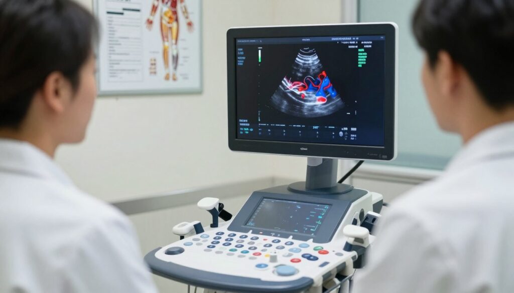 A medical imaging room with a focus on an ultrasound machine displaying a detailed Doppler ultrasound of deep veins, illustrating blood flow and potential clots. In the foreground, a healthcare professional, dressed in a lab coat, attentively observes the screen, radiating a sense of professionalism and care. In the middle, the ultrasound machine shows colorful flow patterns indicating blood movement, with vibrant hues of red and blue. The background reveals medical charts, anatomical posters, and a soft, clinical lighting that highlights the equipment without harsh shadows. The overall mood is serious yet hopeful, emphasizing the importance of imaging techniques in diagnosing thrombosis.