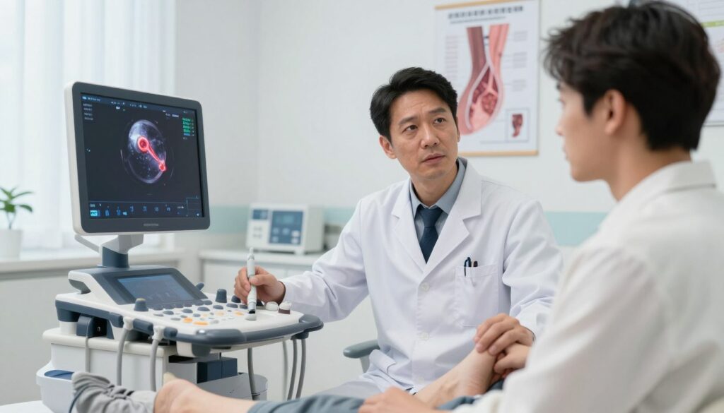A medical professional in a modern clinic setting is examining a patient’s leg using an ultrasound device to assess deep vein thrombosis. The foreground features the ultrasound screen displaying a close-up view of a blood clot, highlighting its appearance to emphasize early detection. In the middle ground, the doctor, dressed in a white lab coat, focuses intently on the screen, showcasing professionalism and care. The patient, dressed in modest casual clothing, appears slightly anxious but attentive. The background reveals a well-lit medical room, with diagnostic charts and medical posters related to vein health. Soft, natural lighting enhances the clinical environment, creating a serious yet hopeful atmosphere that underscores the importance of early diagnosis for patient prognosis.
