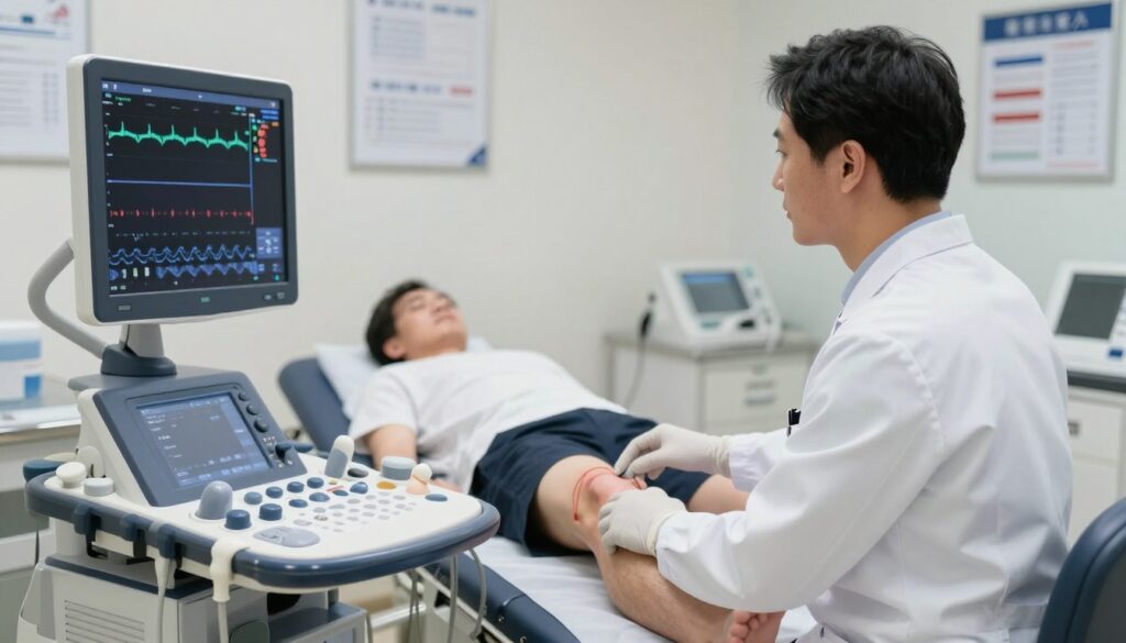 A medical professional performing an ultrasound Doppler examination on a patient's deep veins, focused on the area behind the knee. The scene is set in a well-lit, modern medical room with subtle clinical elements, such as medical posters and equipment in the background. In the foreground, show a detailed view of the ultrasound machine displaying Doppler waveforms, indicating blood flow within the deep veins. The medical professional, dressed in a crisp white lab coat and wearing gloves, attentively analyzes the screen while the patient, modestly dressed, lies comfortably on an examination table. Emphasize a sense of professionalism and precision in the atmosphere, using soft lighting to create a calm and focused mood.