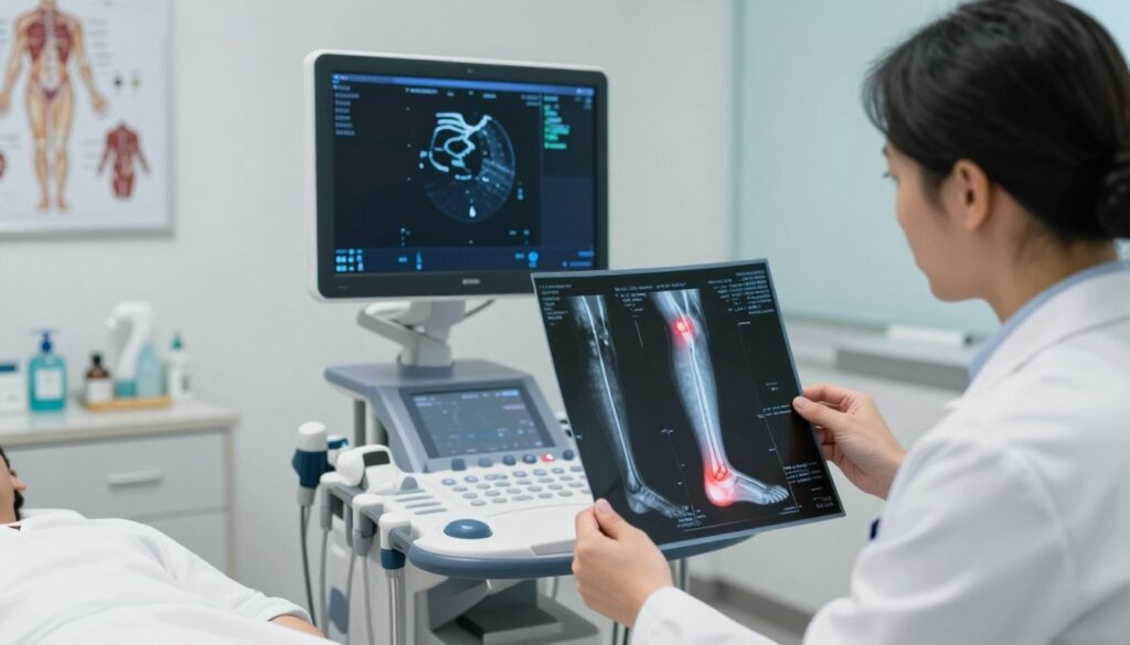 A medical scene depicting the diagnosis of deep vein thrombosis. In the foreground, a focused healthcare professional in a lab coat examines a medical imaging scan of a patient's leg, highlighting the affected area with a clear color contrast. The middle ground features a state-of-the-art ultrasound machine displaying the blood flow in real time, showcasing the diagnostic process. The background consists of a well-equipped medical office with anatomical charts and medical instruments, conveying a sense of professionalism. Soft, diffused lighting creates an inviting atmosphere while emphasizing the clinical significance of the examination. The composition captures an educational moment within a medical context, suitable for illustrative purposes.