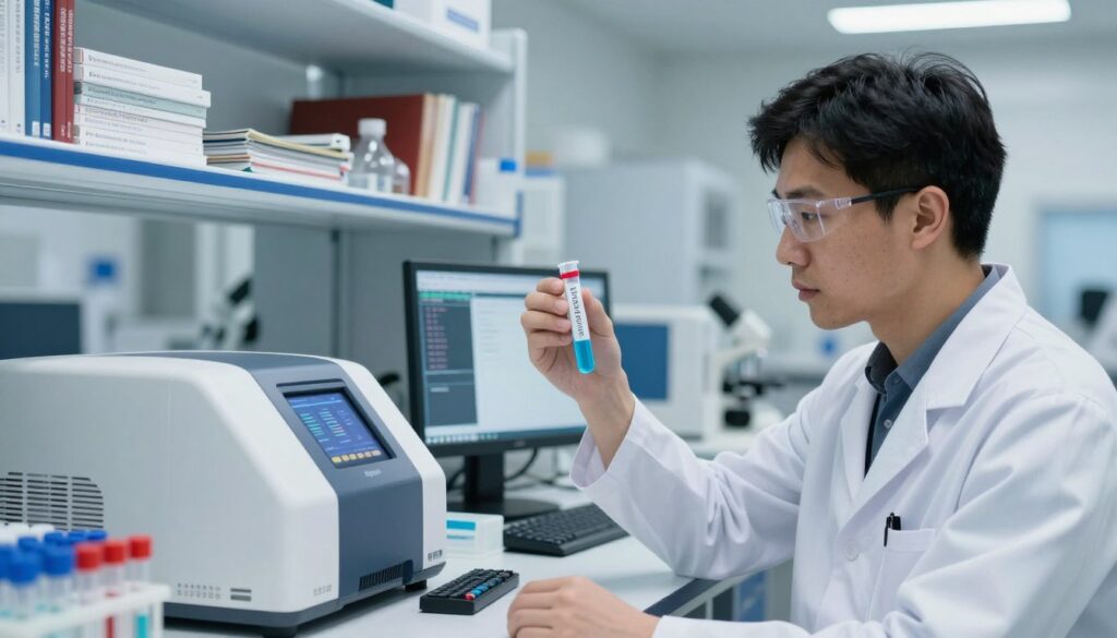 A modern laboratory setting with a focus on genetic testing. In the foreground, a professional scientist in a lab coat examines a test tube filled with a bright blue solution, symbolizing genetic analysis. The middle ground showcases advanced laboratory equipment, such as a DNA sequencer and computer screens displaying genetic data, illuminated by soft overhead lighting. In the background, shelves stacked with scientific journals and research papers related to genetics provide context. The atmosphere is one of discovery and seriousness, highlighting the importance of genetic testing in understanding hereditary thrombosis risks. The scene is composed with a slight depth of field, drawing attention to the scientist's focused expression and the vibrant colors of the lab materials.