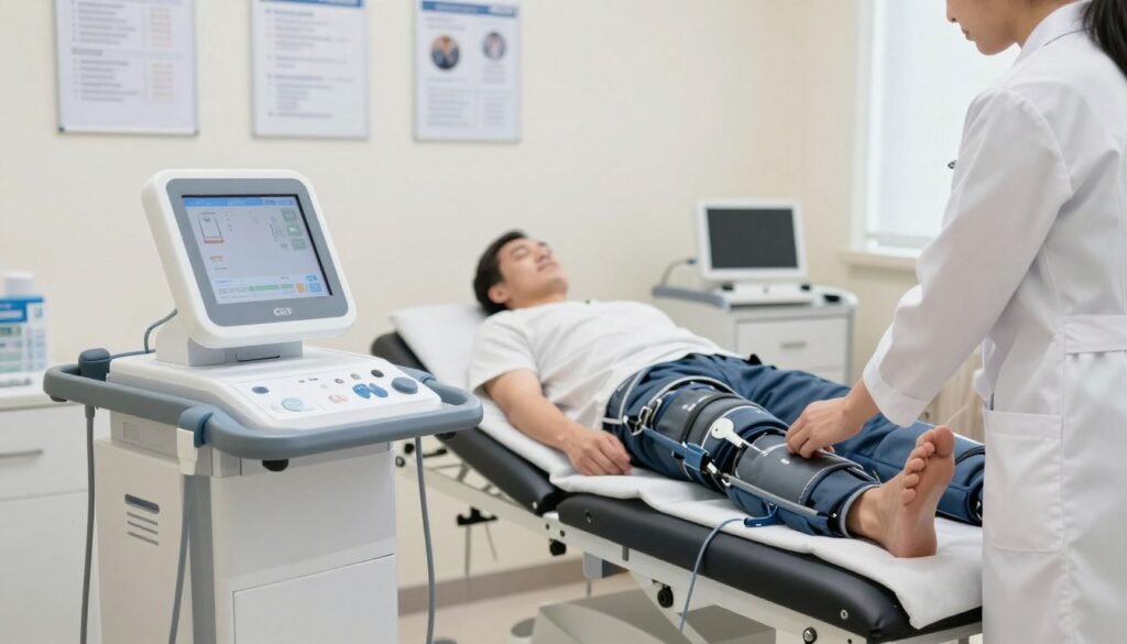 A modern medical clinic setting focused on pneumatic intermittent compression. In the foreground, a sleek, professional-grade pneumatic compression device is prominently displayed, showcasing its cuffs and controls. To the side, a healthcare professional dressed in a white coat is adjusting the device, demonstrating its use on a patient’s leg, who is in modest clothing. The middle ground features a well-lit examination room with medical charts and equipment neatly arranged, while the background reveals soft, diffused lighting, creating a calm and clinical atmosphere. The overall mood is one of professionalism and care, highlighting the importance of this therapy in treating conditions like thrombosis. The emphasis should be on the technology and its application in a healthcare context.