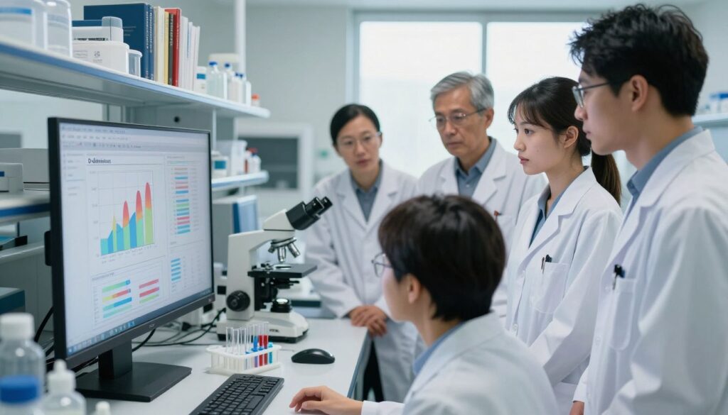 A professional laboratory environment showcasing the interpretation of D-dimer test results. In the foreground, a diverse group of scientists in professional business attire, examining a large, clear digital screen displaying colorful graphs and charts related to D-dimer levels. In the middle ground, laboratory equipment such as microscopes and test tubes are neatly organized on a counter. The background features a well-lit lab with shelves of medical books and research papers, creating an atmosphere of focus and professionalism. Soft, natural lighting from windows highlights the researchers' determined expressions, while a shallow depth of field emphasizes the collaborative effort in interpreting the test results, conveying a mood of inquiry and discovery.