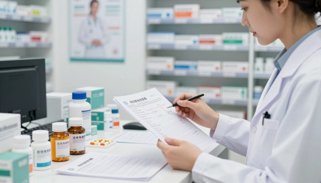 A professional pharmacist in a modern pharmacy setting carefully examines a prescription for anticoagulant medications, showcasing a dossier of safety guidelines. In the foreground, focus on the pharmacist, dressed in a white lab coat and professional attire, engaged in assessing the medication. The middle layer displays various pill bottles and medical literature neatly arranged on the counter, emphasizing the importance of informed decisions regarding drug safety. In the background, a well-organized pharmacy with shelves lined with various medications and health posters creates a reassuring environment. Soft, natural lighting enhances the feeling of professionalism and trustworthiness. The overall atmosphere conveys a sense of safety and diligence in the use of anticoagulant therapies, highlighting the significance of patient care and medication management.