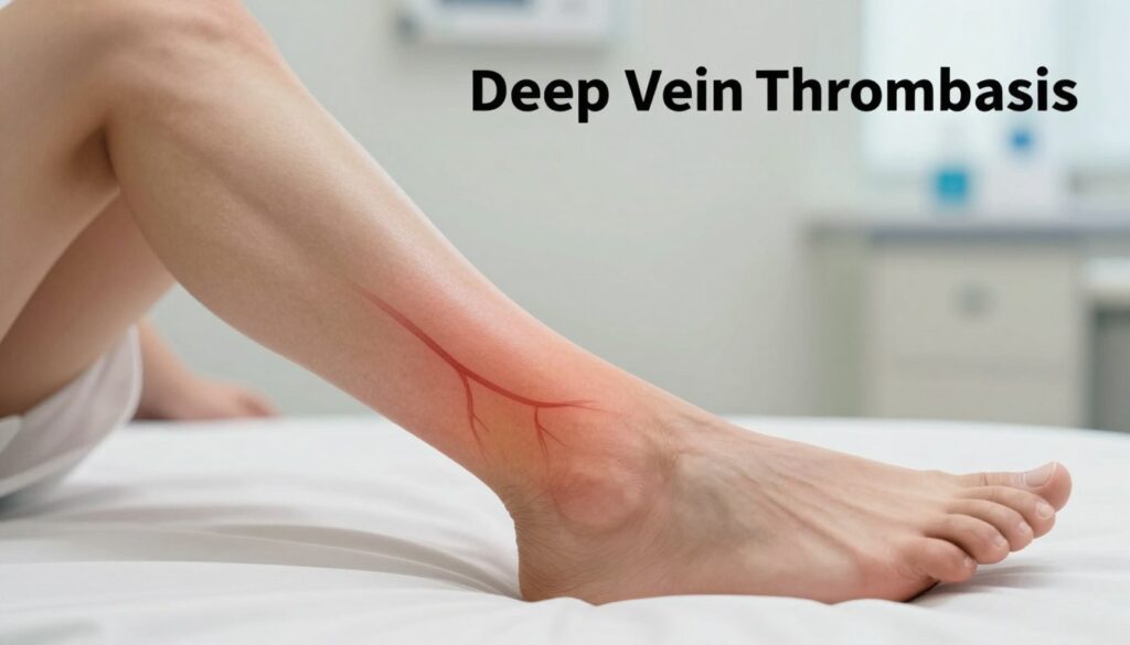 A realistic medical illustration depicting the symptoms of deep vein thrombosis (DVT). In the foreground, show a close-up of a human leg, highlighting areas of swelling and discoloration to emphasize potential DVT indicators. The leg should be in a neutral, professional position, minimizing distractions. In the middle, include a subtle gradient to represent the flow of blood, symbolizing the affected veins. The background should be a softly blurred hospital setting, conveying a clinical atmosphere with soft, natural lighting. The overall mood should be informative and serious, suitable for a medical article, ensuring no text or overlays are present. The composition should focus on clarity and educational value, utilizing a neutral color palette for professionalism.