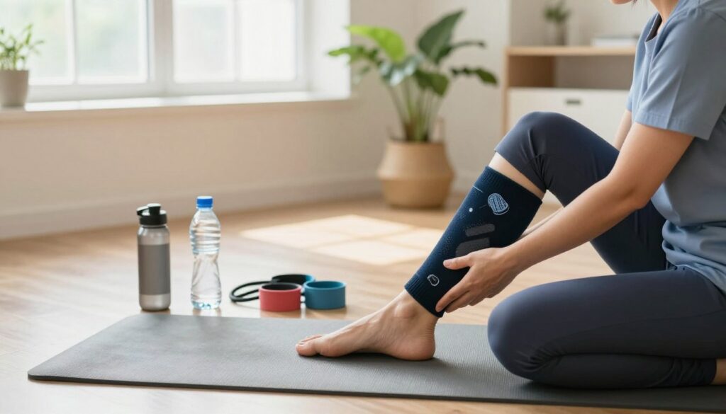 A serene and informative scene depicting effective prevention of deep vein thrombosis. In the foreground, a healthcare professional in a smart business attire is demonstrating leg exercises, like ankle pumps, to a patient sitting on an exercise mat. In the middle, various supportive items for circulation are artistically arranged, such as compression socks, water bottles, and exercise resistance bands. The background features a calm, well-lit room with soft natural light streaming through a window, adorned with houseplants to enhance a soothing atmosphere. The image conveys a sense of encouragement and wellness, emphasizing a proactive approach to health. The color palette is warm and inviting, aiming to inspire viewers to embrace these practices for better circulation.