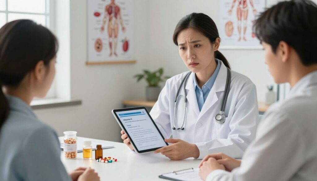 A serene and professional medical consultation setting, featuring a well-dressed healthcare professional examining a patient. In the foreground, the doctor, wearing a white lab coat, is holding a tablet displaying information about vitamin C and iron absorption, with a concerned expression. The middle layer shows a table cluttered with dietary supplements, including vitamin C and iron pills in clear containers, indicating a discussion on contraindications. In the background, a neutral-colored medical office with anatomical charts exploring absorption processes and blood circulation, softly illuminated by natural light streaming through a window. The atmosphere should convey seriousness and care, emphasizing the importance of understanding supplementation in health management.