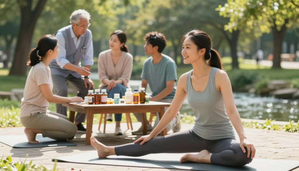 A serene and professional setting illustrating venous circulation support, featuring a diverse group of people in modest casual clothing engaging in light physical activity. In the foreground, a cheerful woman is shown performing gentle leg stretches, surrounded by bright, natural sunlight, which highlights her focus on wellness. The middle ground includes a small group of individuals discussing health supplements, with an array of vitamin bottles and herbal remedies displayed on a wooden table. The background features a tranquil park with lush greenery and soft, flowing water in a nearby stream, enhancing the sense of calm and vitality. The overall atmosphere is uplifting and informative, promoting health and well-being while maintaining a clean, professional aesthetic.