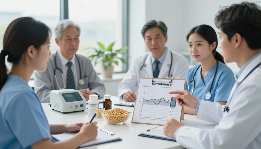 A serene healthcare environment featuring a diverse group of professionals in business attire discussing the effects of nattokinase on blood pressure and lipid profiles. In the foreground, a doctor points to a detailed blood pressure chart, while a nurse takes notes. The middle ground displays a table with medical equipment and healthy food items like soy and nattokinase supplements, symbolizing their potential benefits. In the background, a large window lets in soft, natural light, creating a calming atmosphere. The scene conveys an atmosphere of collaboration and scientific inquiry, highlighting the importance of wellness in a clinical setting.