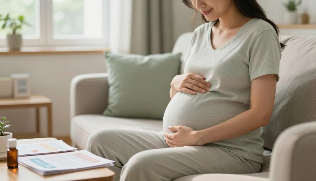 A serene, nurturing scene focused on a pregnant woman sitting comfortably in a softly lit, cozy living room, gently cradling her baby bump. She's wearing modest, stylish maternity clothing in soft pastel tones. Surrounding her are informational materials about health and wellness, like pamphlets and books, subtly placed on a nearby coffee table. In the background, a window provides natural light, casting a warm glow across the room, enhancing the inviting atmosphere. The color palette is soft and calming, with greens and creams that evoke tranquility. The composition captures a sense of care and reflection, suggesting the importance of considering medication during pregnancy and breastfeeding. Focus on capturing the mood of safety and support, without any distractions or visible text.