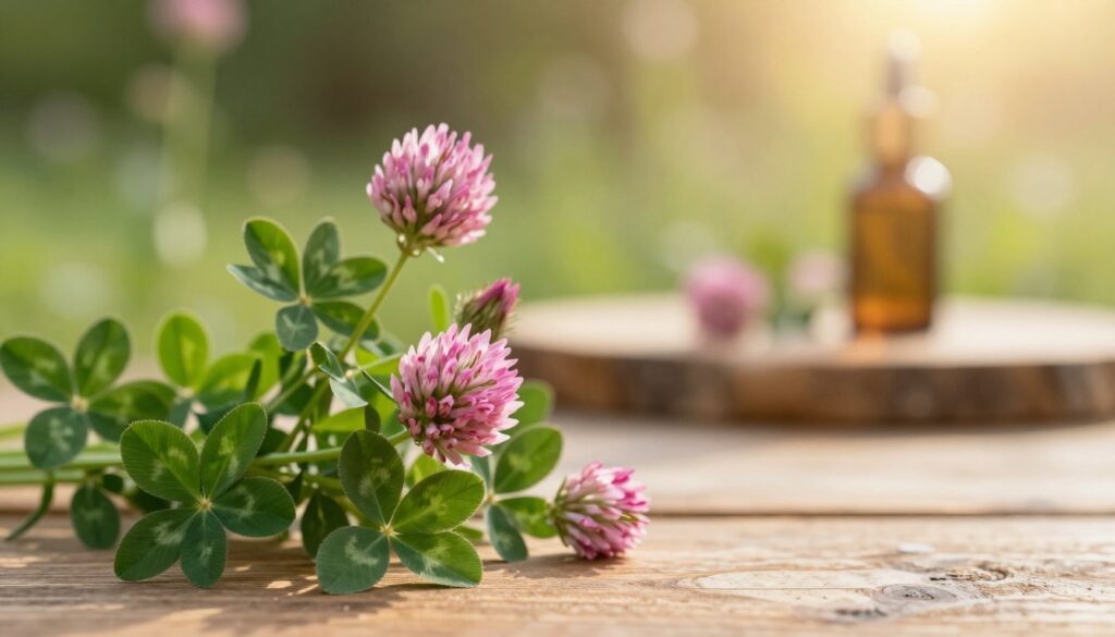 A serene still life composition featuring a vibrant red clover plant (koniczyna) prominently in the foreground, with its lush green leaves and delicate pink flowers. The background includes a softly blurred natural setting resembling a tranquil garden, bathed in warm, diffused sunlight that creates a calming atmosphere. Incorporate a softly focused wooden table to add depth, suggesting a naturalistic environment. The lighting should evoke a sense of tranquility and wellness, highlighting the healing properties associated with red clover in menopause relief. Capture the essence of balance and harmony within nature, with an emphasis on the clover flower as a symbol of hope and health. The image should feel inviting and peaceful, perfect for a wellness article.
